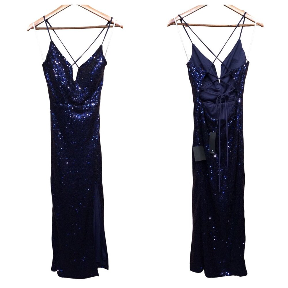 New Lulus Blue Sequin Maxi Dress Strappy Back Side Slit Size M Formal Event HOCO